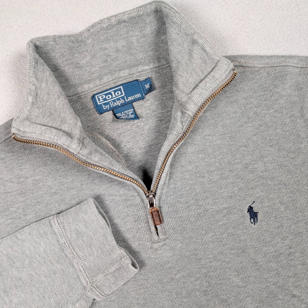 Vintage Polo Ralph Lauren 1/4 Zip Pullover Mens M Gray Estate Ribbed Sweater USA
